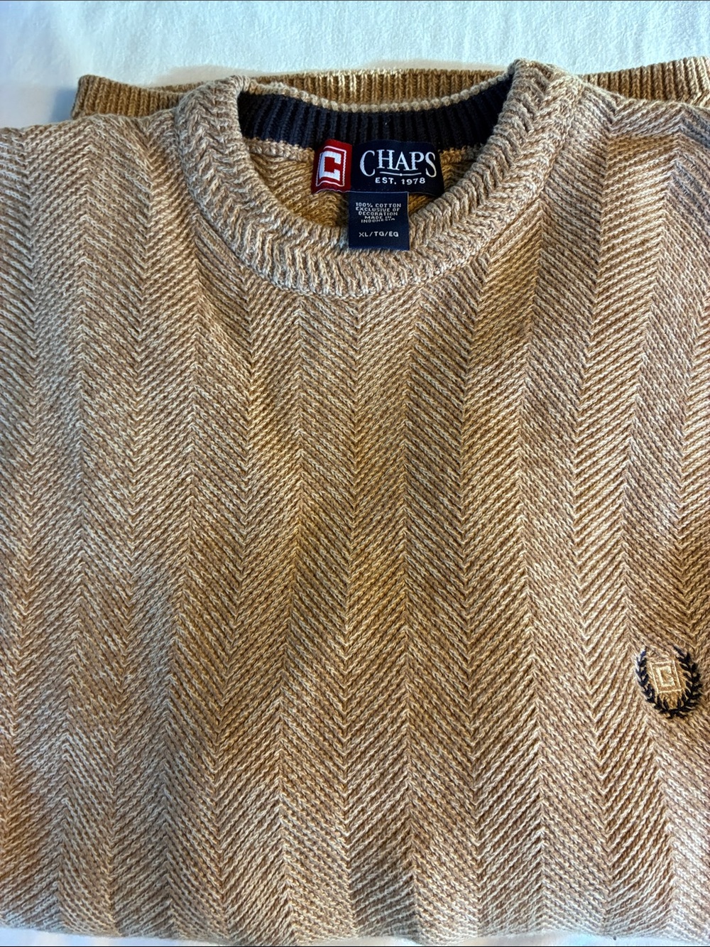 Chaps Men's Crewneck Sweater in Tan and Cream Herringbone